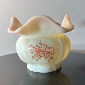 Fenton 1989 Antique Rose Pattern Ruffled Vase Pink Florals Artist Signed
